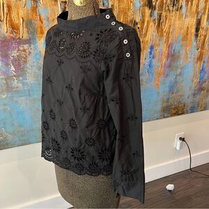 J. Crew Black Long Sleeve Funnel Neck Eyelet Blouse